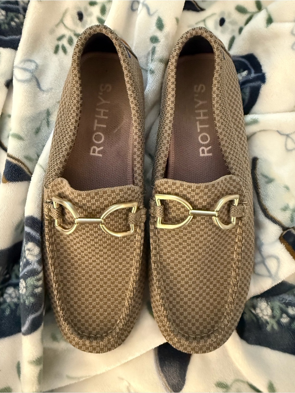 Rothy's Tan Knit Loafers with Gold Bit